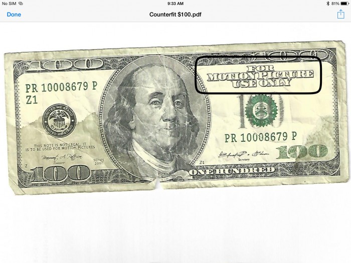 Counterfeit bill used at local business.