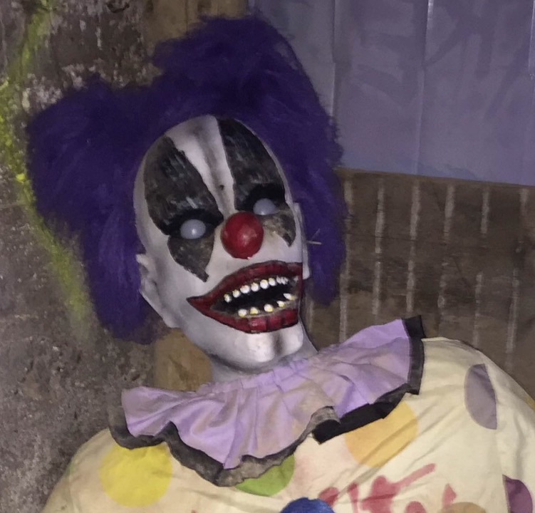 Suspect wearing clown mask chases car.